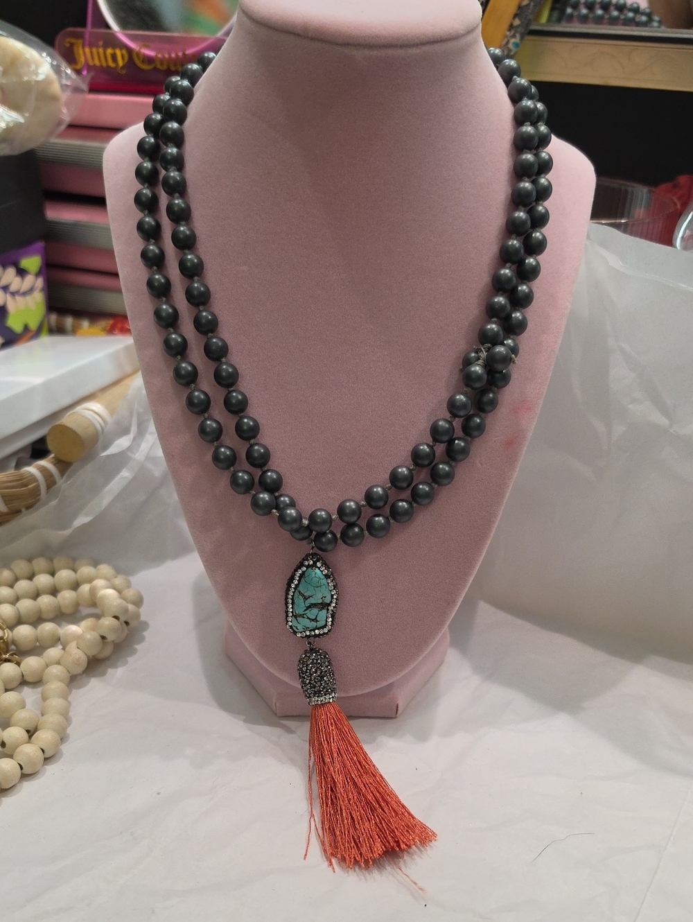 Turquoise Pendant Long Bead Necklace with Orange Tassel
